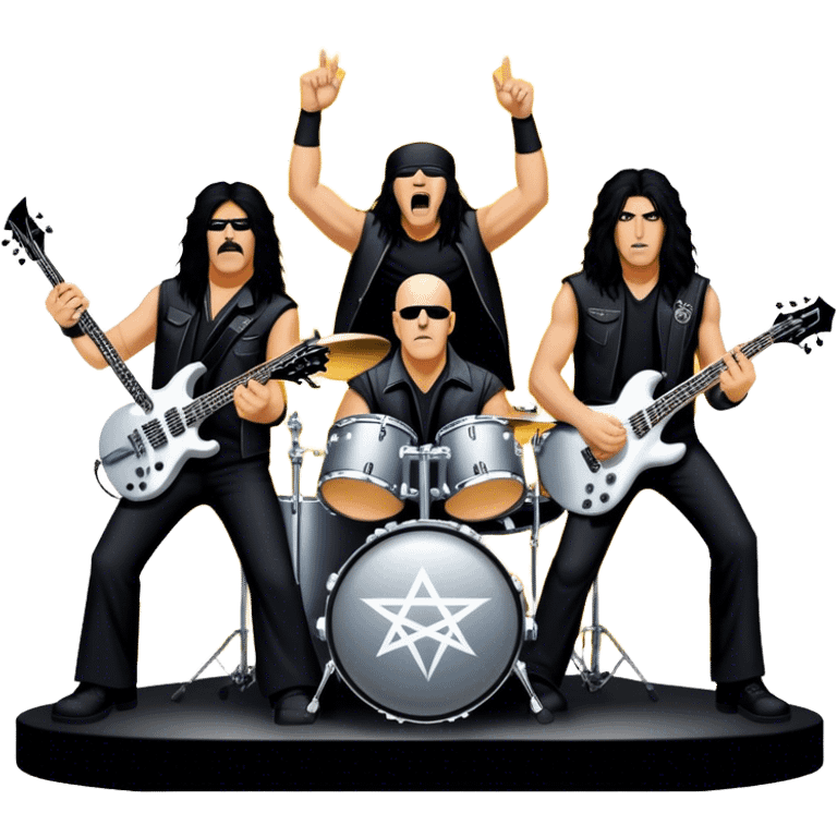 Icon for Heavy Metal: Anthrax live concert with Charlie Benante on drums, Joey Belladonna on vocals, Frank Bello on bass, Jonathan Donais and Scott Ian on guitars. The intense energy of the band is captured with instruments and stage lighting. Transparent background. emoji