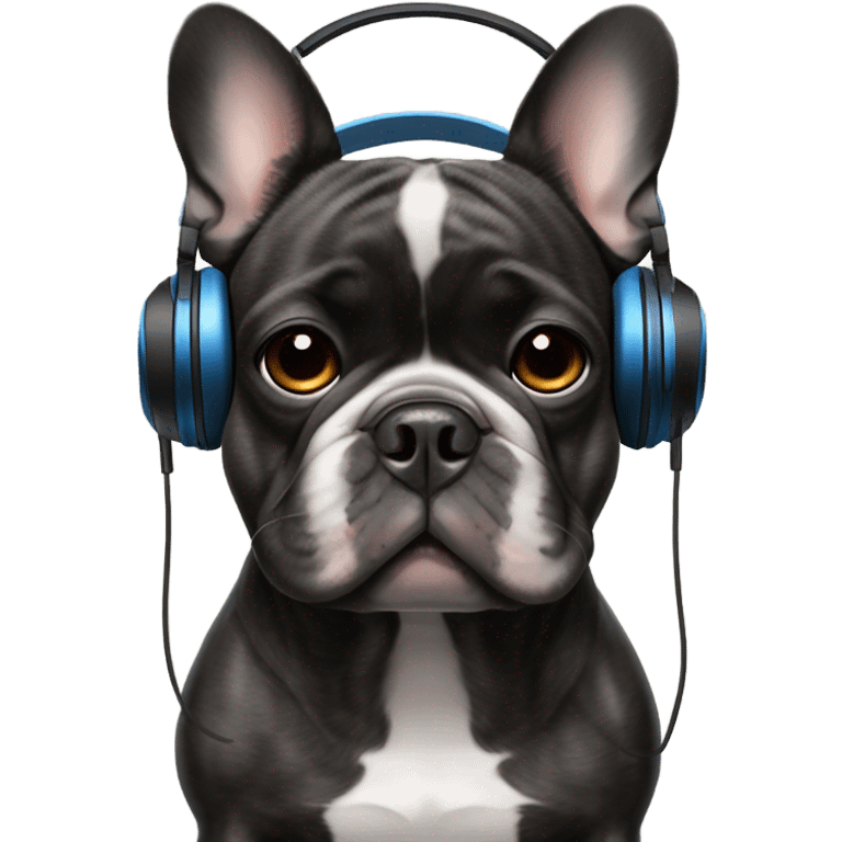 7 year old Tongue in Black Brindle French bulldog wearing headphones emoji