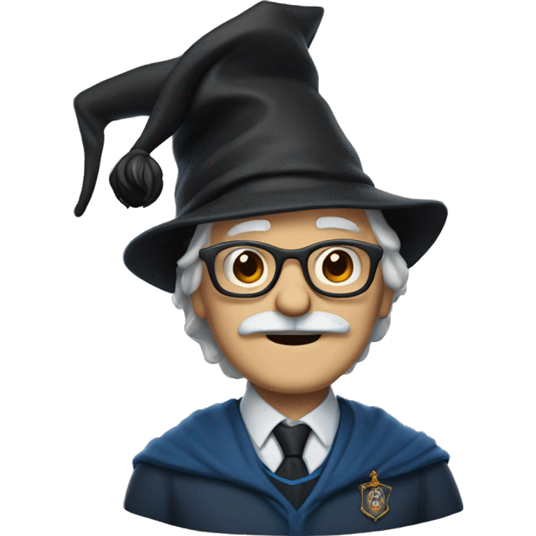 older man with white skin, black longer hair, mustache, glasses, with a magic hat, ravenclaw emoji