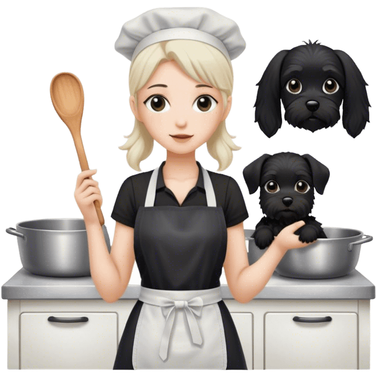 pale girl with long back hair wearing black long shirt wearing apron and baking holding black floppy ear schnauzer emoji