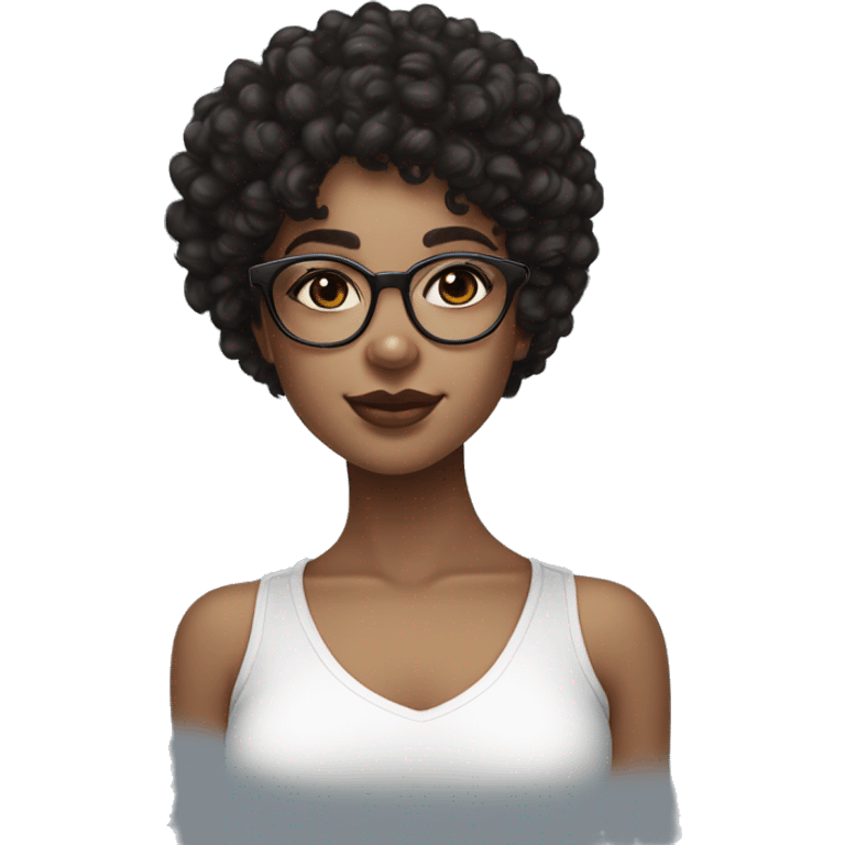 Black curly Hair girl with a white crop top on and blue eyes with natural lashes and glasses with lip gloss on her lips lightskin looking forward. emoji