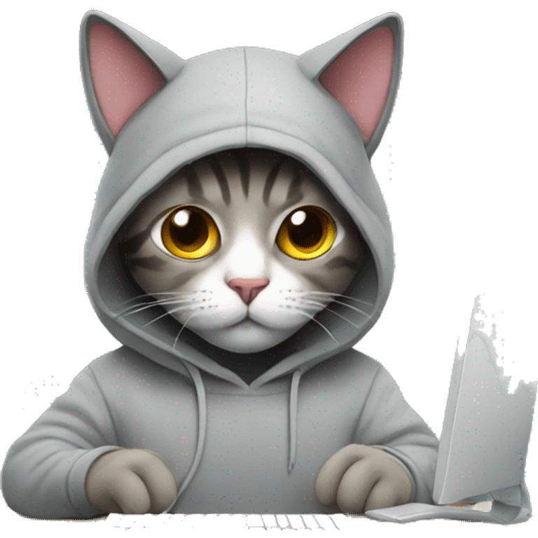 cat is a graphic designer in a hoodie and headphones, working at a computer in photoshop emoji