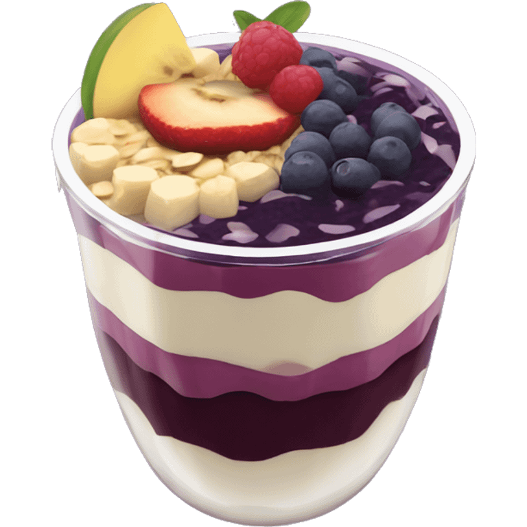 Açaí in a clear cup with layers of fruits and granola and condensed milk emoji