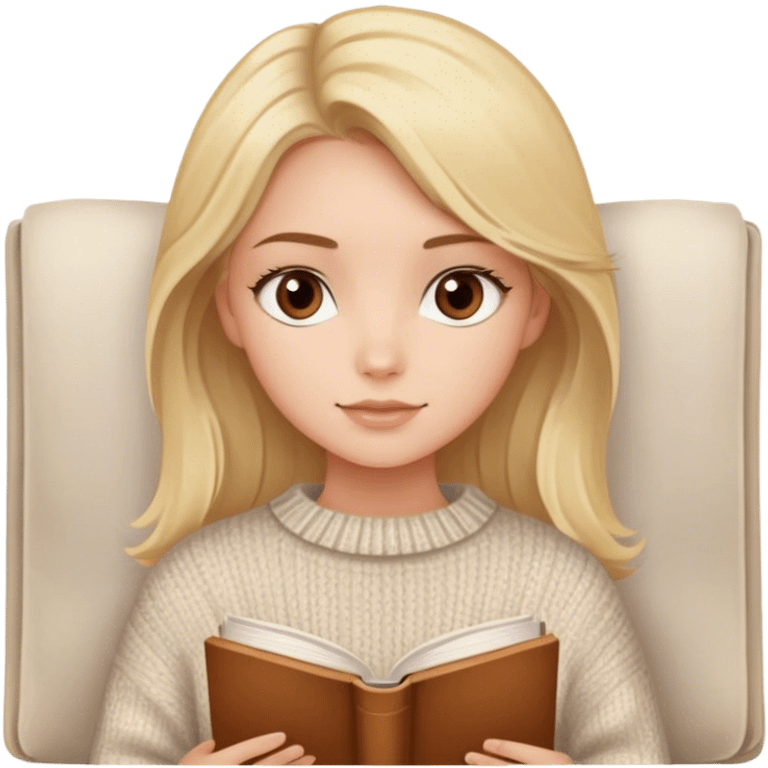 pretty blonde girl with brown eyes wearing a cozy sweater, with book emoji