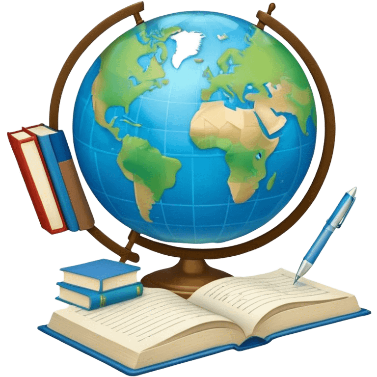 Create an emoji representing language translation. The design should feature a single globe in the background, symbolizing international communication. In front of the globe, place two books, with texts in it and a pen nearby to indicate the act of writing. Use a clean and professional color palette with blues, greens, and neutral tones. Do not include any emojis or smiley faces. Make the background transparent emoji