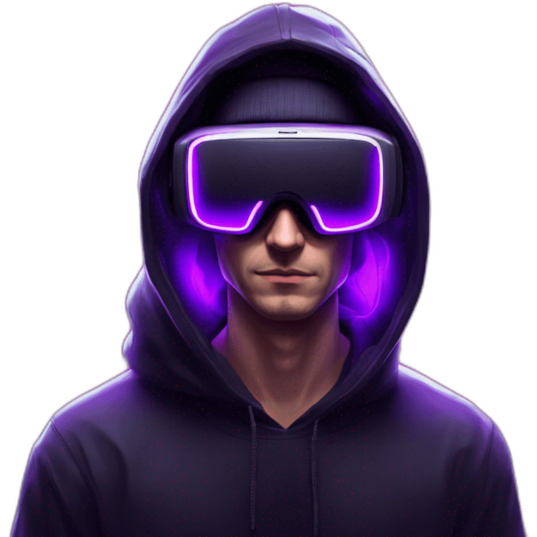 Russian man in the black hoody with violet OMG VR logo on it wearing vr headset. Cyberpunk style. Violet neon. emoji