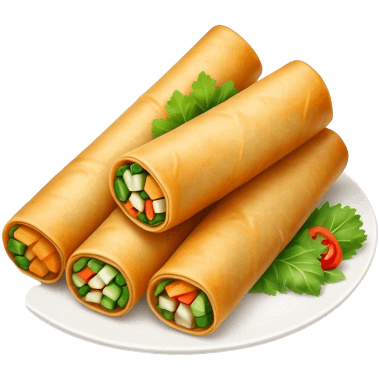 Cinematic Realistic Spring Rolls Dish Emoji, featuring golden, crispy rolls filled with fresh vegetables rendered with detailed textures and warm natural lighting. emoji