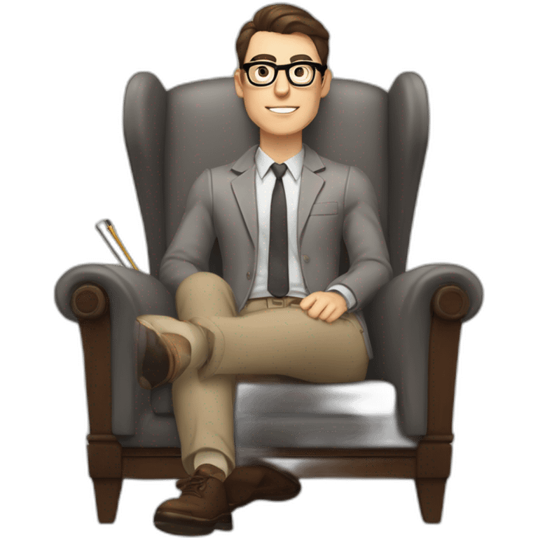 Pale skinned Fit Man With dark brown hair in gray jacket, beige office shirt, Brown pants and vintage glasses sitting In a soft chair with a notebook on spring with emblem Ψ and a pen emoji