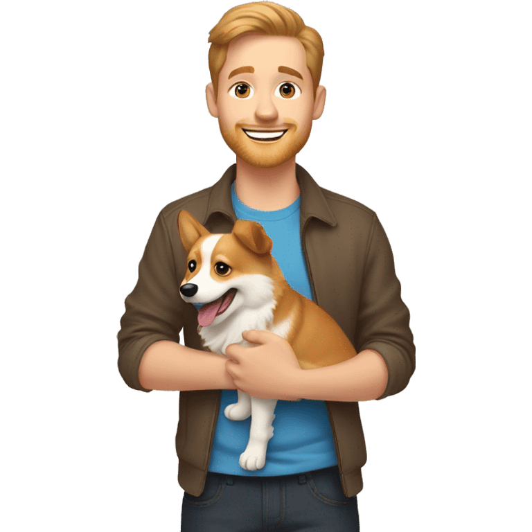 A guy with blue eyes and light brown hair is holding a corgi dog that smiles with his tongue sticking out emoji