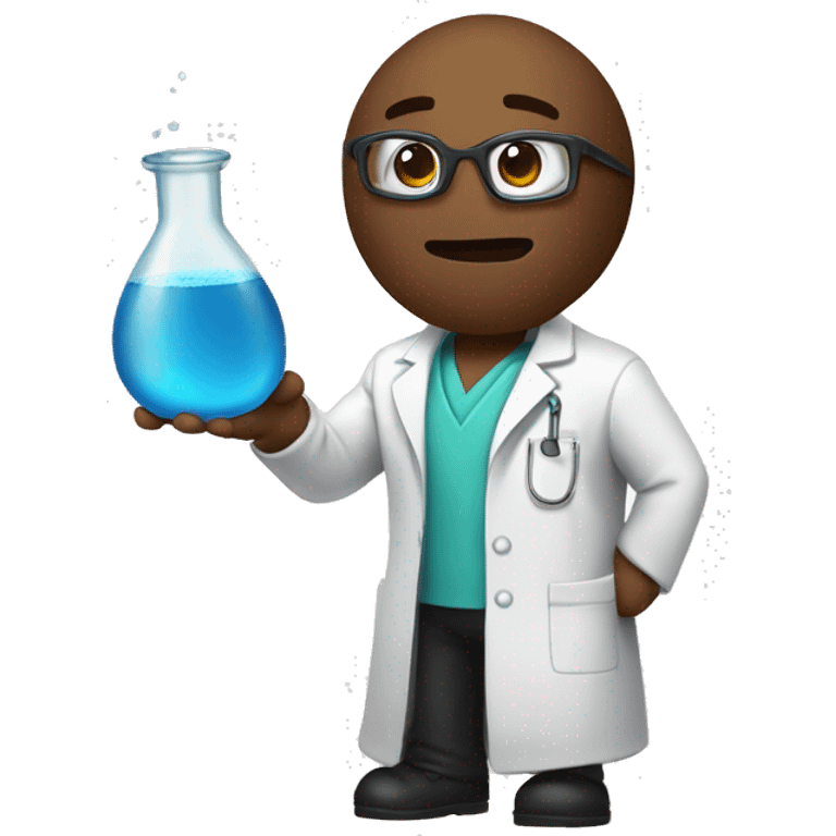 a poop emoij wearing a lab coat and holding a beaker emoji