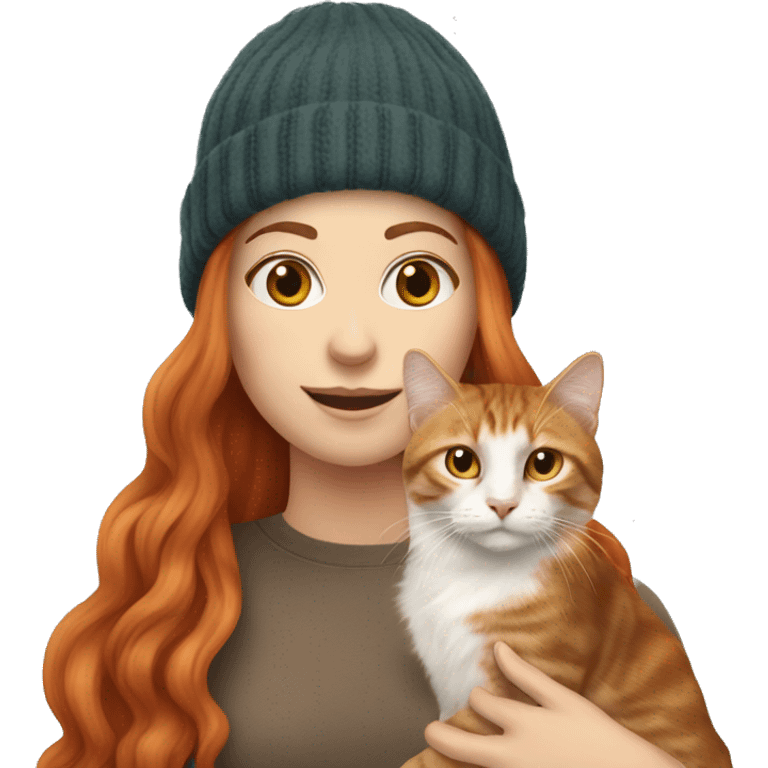 Long Red haired white woman in beanie with holding a long haired tabby cat emoji