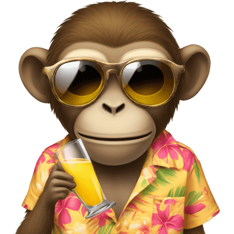 a monkey with a Hawaiian shirt, sunglasses, a fake mustache, holding a glass of mimosa emoji