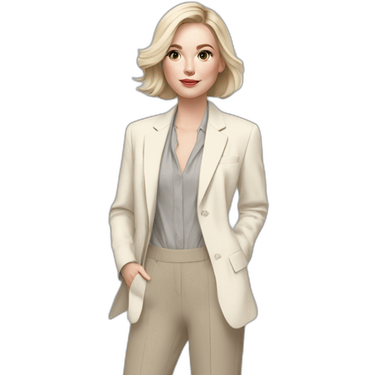 pale skin woman with ash blonde Straightened bob Hair, White Spacious classical jacket, beige palazzo Arrow pants and gray blouse holding a color palettes in the hands emoji