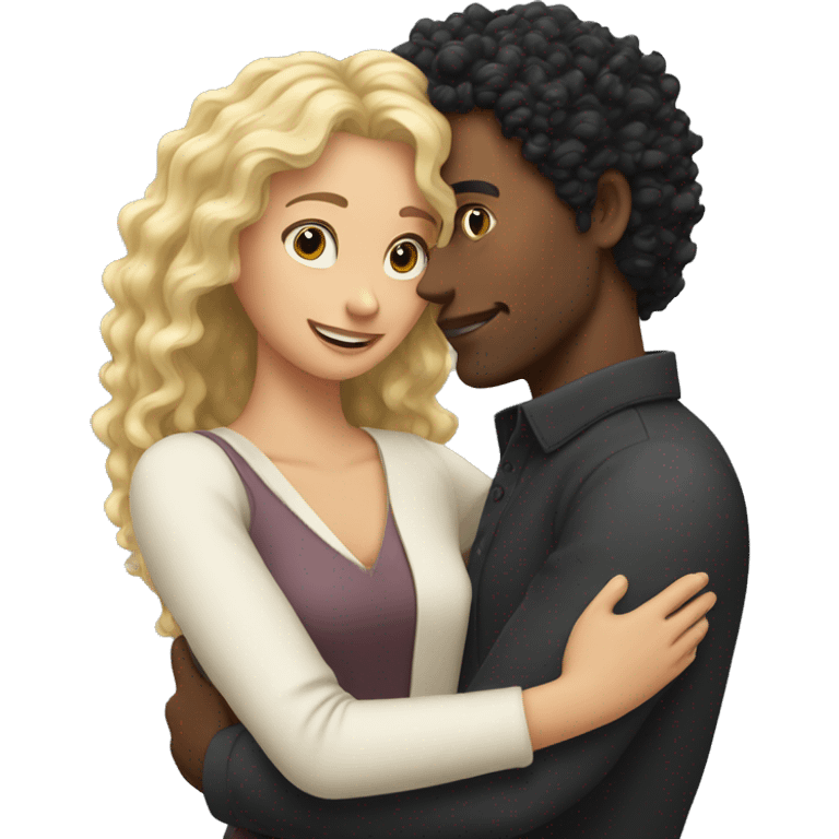 man with blonde curly hair hugs woman with black straight hair emoji