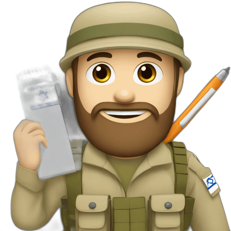 pale brown bearded israeli flag IDF soldier happy holding notebook and pen and stationary emoji