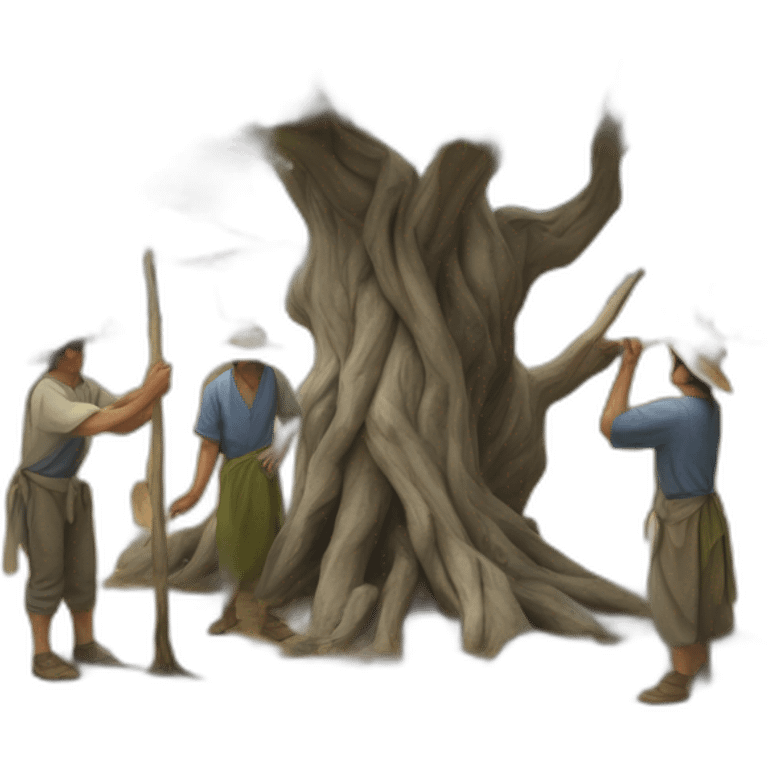 Hyperrealist olive tree and andalusian farmers with a stick emoji