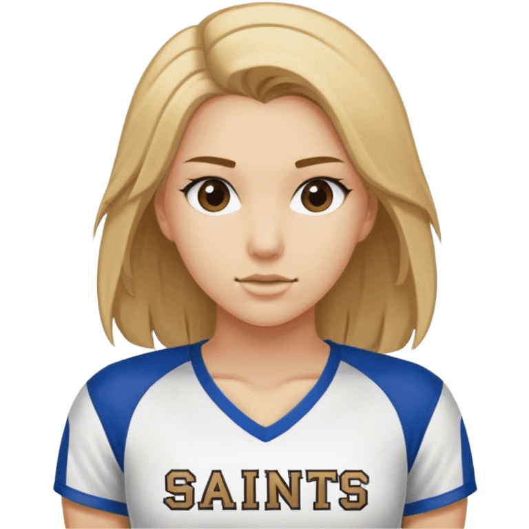 a dirty blonde haired girl with a shirt that says saints volleyball emoji