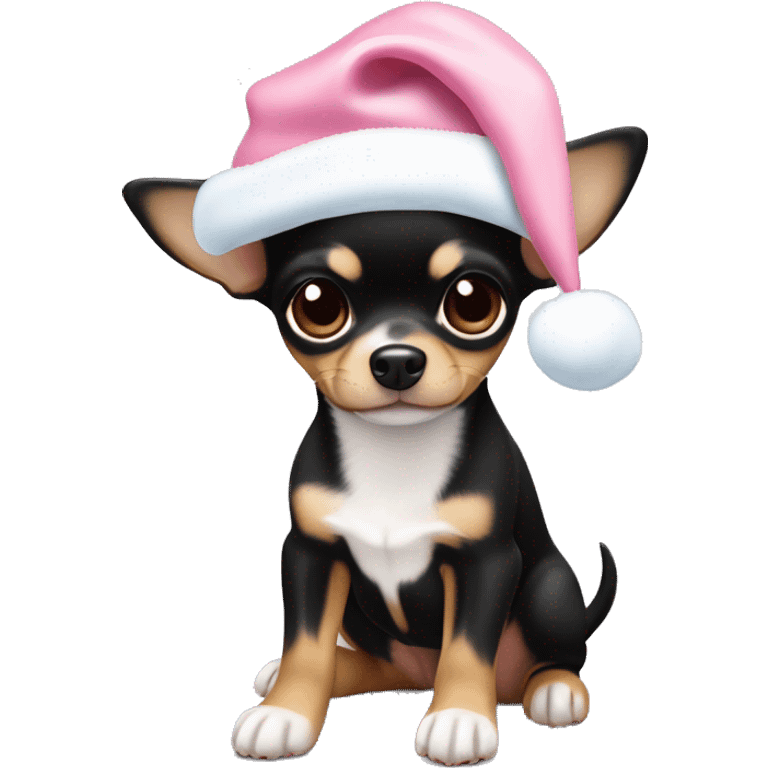 black & tan chihuahua puppy full body light blue eyes pink christmas hat on emoji