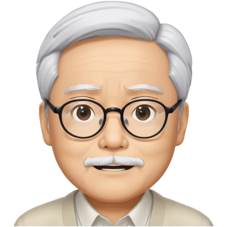 ​Cinematic Realistic Portrait of Hayao Miyazaki, depicted with defined black eyebrows, and large rectangular glasses, his happy expression rendered in lifelike detail, illuminated with soft, realistic lighting that emphasizes his creative genius, emoji