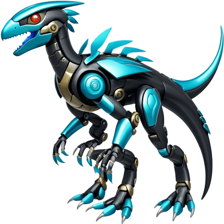 Shiny Futuristic Celestial Glossy-Metallic-Alloy Cyborg-Fakemon-Pokemon-Digimon-Spectrobes-Raptor-fusion, full body, four legs, black body, cyan accents, scales emoji