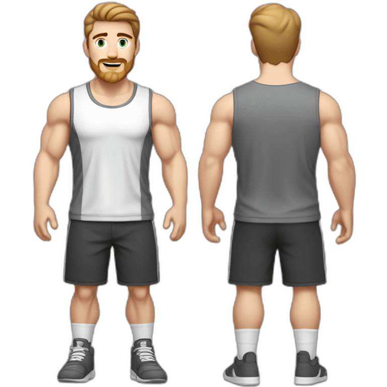 Full height Pale skinned fit man With biceps, Realistic eyes and mouth, light brown hair and stubble In dark gray sleeveless mike, black oversize sports shorts, watch and white sneakers. emoji