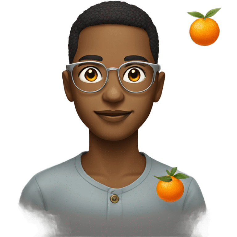 portrait of a stylish boy wearing round metal frame specs holding mandarin oranges for chinese new year emoji