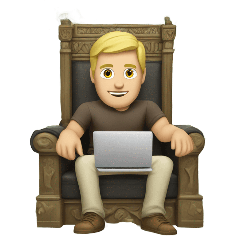 Caucasian Man sitting on a throne of cash with a laptop emoji