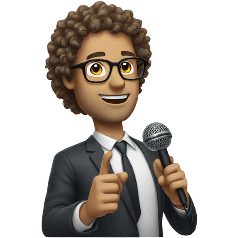 Curly hair white guy with glasses and microphone emoji