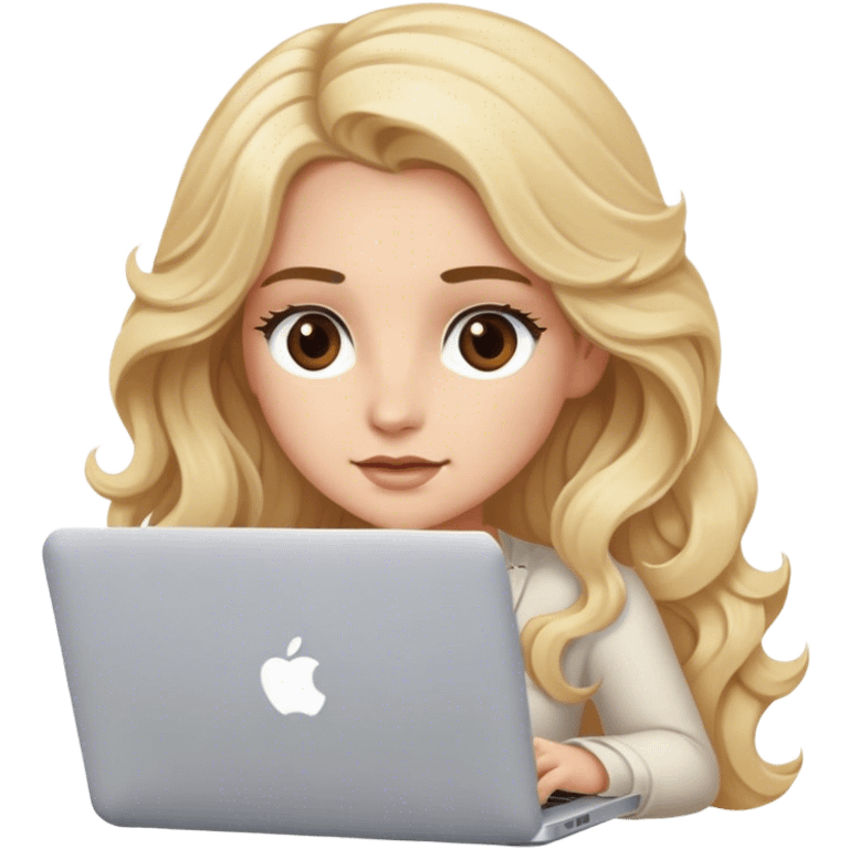 Blonde model with brown eyes, long wavy hair, typing on MacBook  emoji