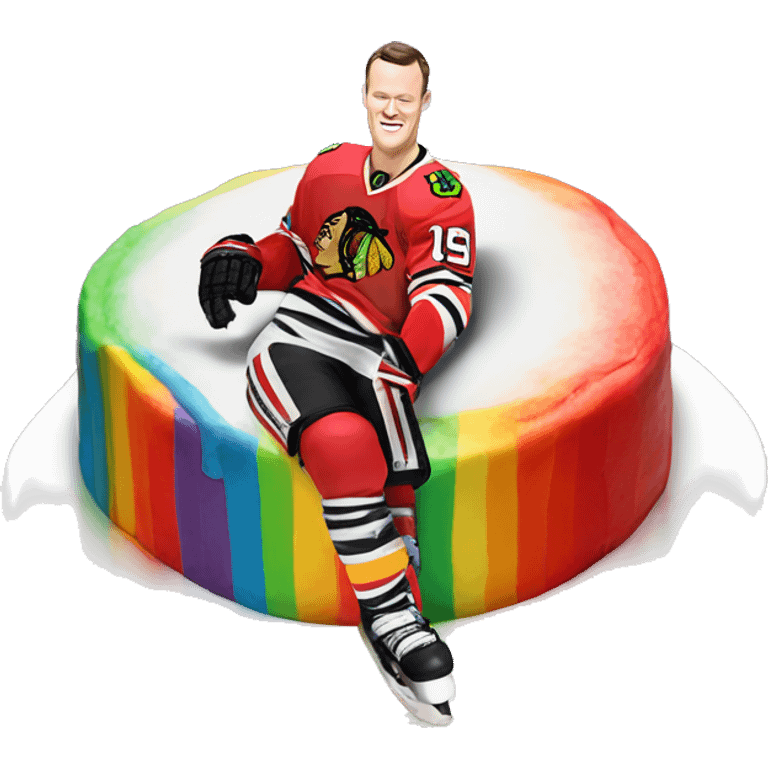 Jonathan Toews laying on a rainbow cake emoji