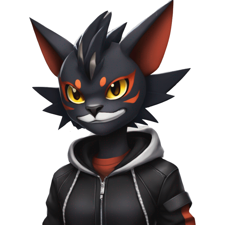 Cool Anthro Black Noivern-Quiana-Litten-Pokémon with edgy stripes hoodie spiked collar punk Full Body emoji