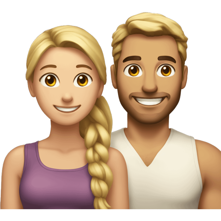 Woman and man smiling, woman has straight brown hair in a ponytail, slightly sunkissed skin, man has blonde long hair which are in a ponytail, slightly sunkissed skin emoji