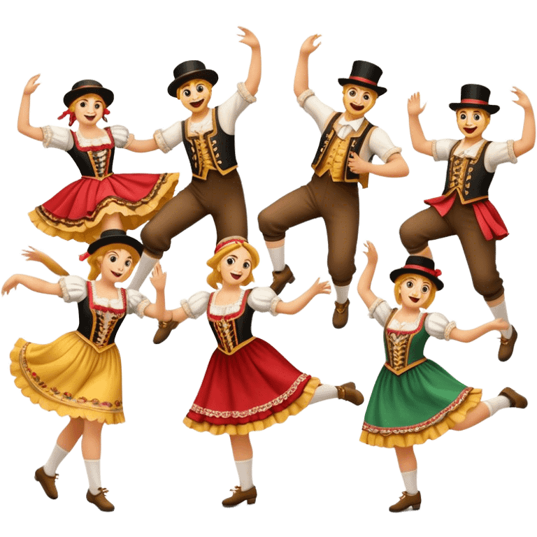 Cinematic Realistic Schuhplattler Dance Emoji, depicted as a lively traditional folk dance scene with performers in authentic Bavarian costumes, rendered with dynamic textures and festive natural lighting that captures the spirit of rural celebration. emoji