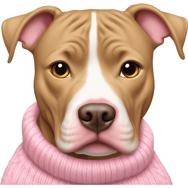 Tan pitbull wearing pink sweater with white hearts emoji