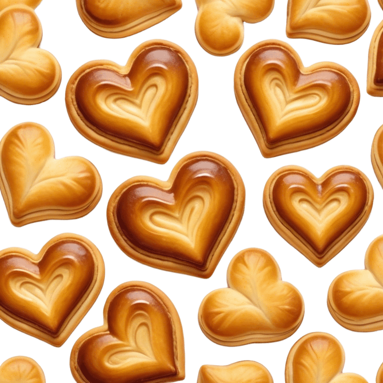 Cinematic crisp palmier, golden-brown heart-shaped pastries, perfectly caramelized layers, delicate and flaky, warm glowing background, inviting and delicious. emoji