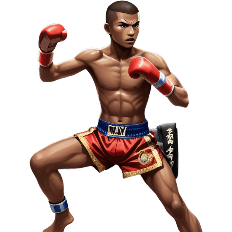 Muay Thai traditional – Cinematic Realistic Traditional Muay Thai Fighter, depicted in authentic Muay Thai attire with arm bands and shorts, poised in a dynamic fighting stance in a traditional Thai stadium, rendered with vivid textures and dramatic, high-contrast lighting that accentuates the art’s intensity. emoji