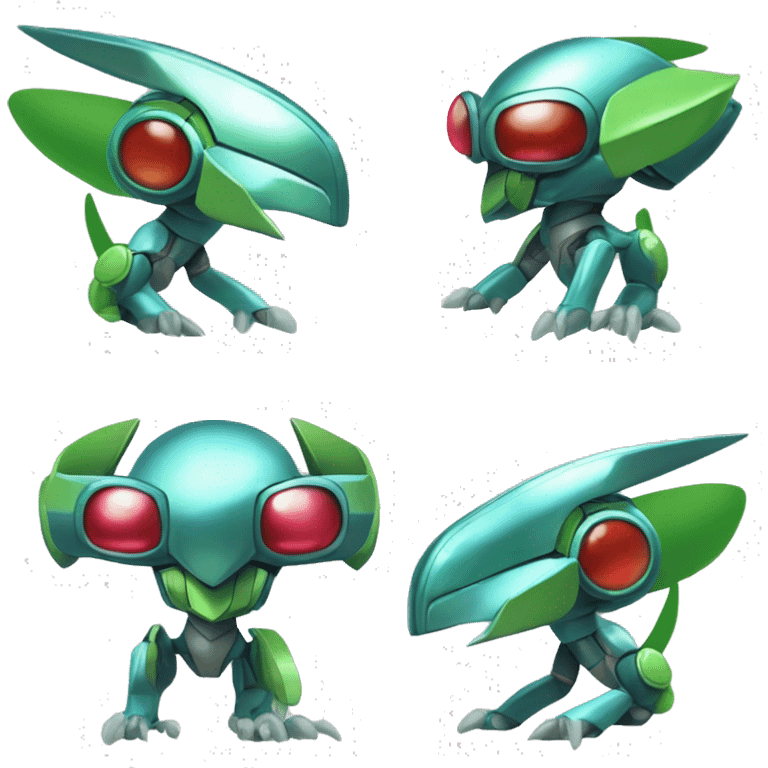 a shiny metallic Genesect-Flygon-Raptor-Fakémon-Medabot-hybrid with a futuristic visor-helmet full body emoji