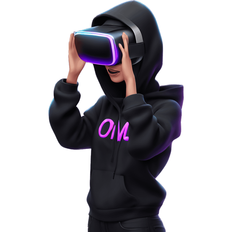 Russian girl wearing black hoody with violet letters "OMG", in vr headset oculus quest2. Standing like jedi. Cyberpunk style. Violet neon. emoji