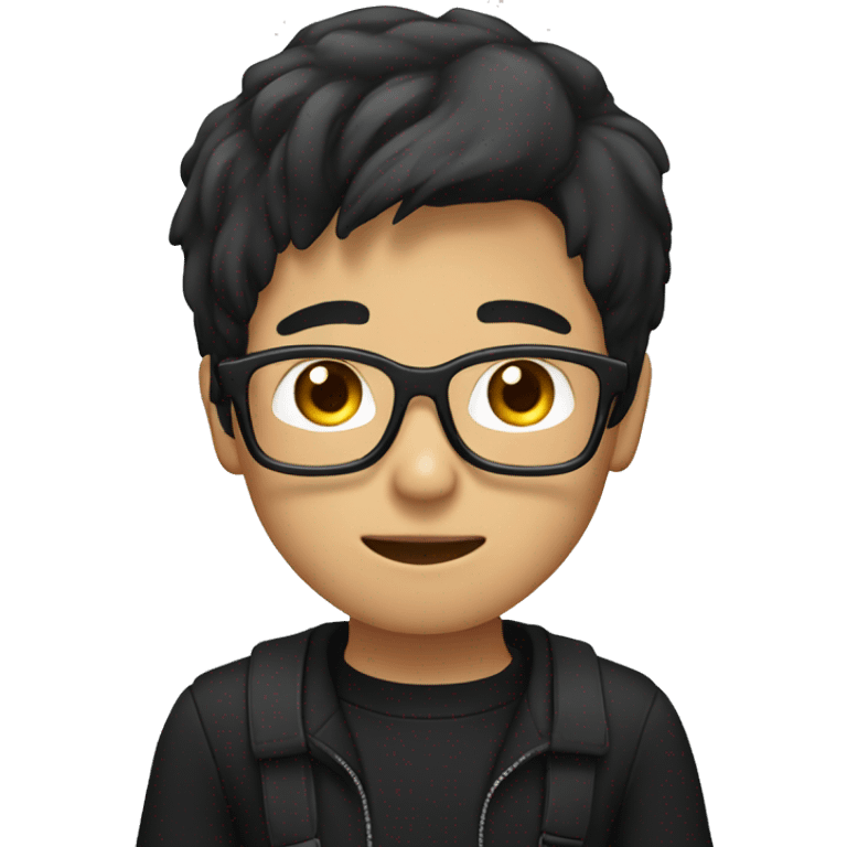 asian boy with glasses, long hair working, wearing black clothes , on his laptop  emoji