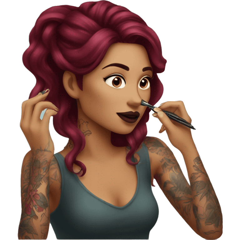 Beautiful tattooed burgundy long haired woman doing her makeup emoji