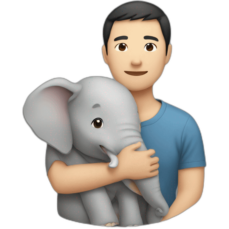 Asian man cuddling with an elephant emoji