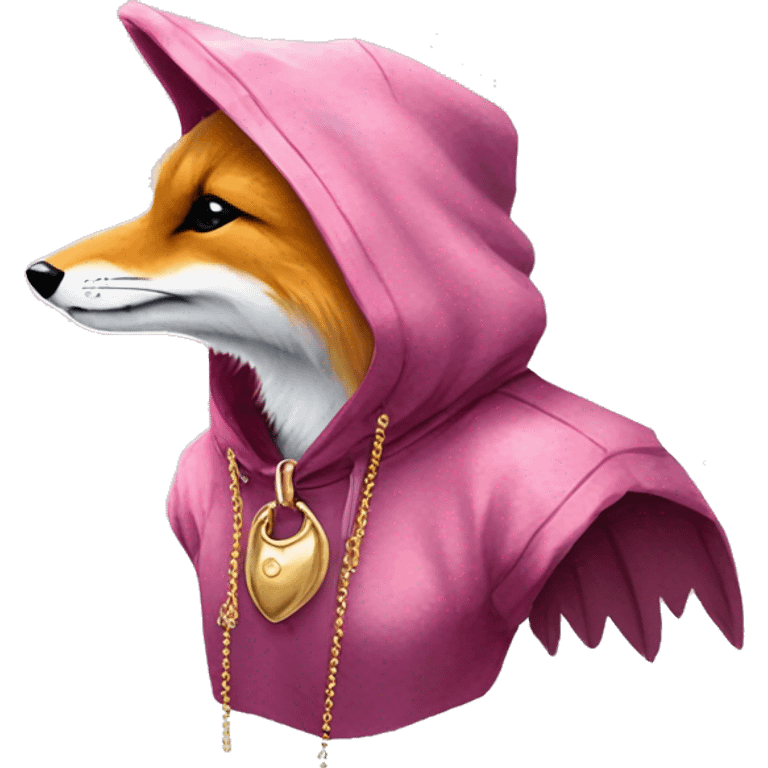 Pink magenta burgundy maroon cyan beige gray fox wearing a pink hoodie with gold jewellery gold piercings gold ear piercing gold nose piercing vintage watercolour tie dye black raven wings emoji