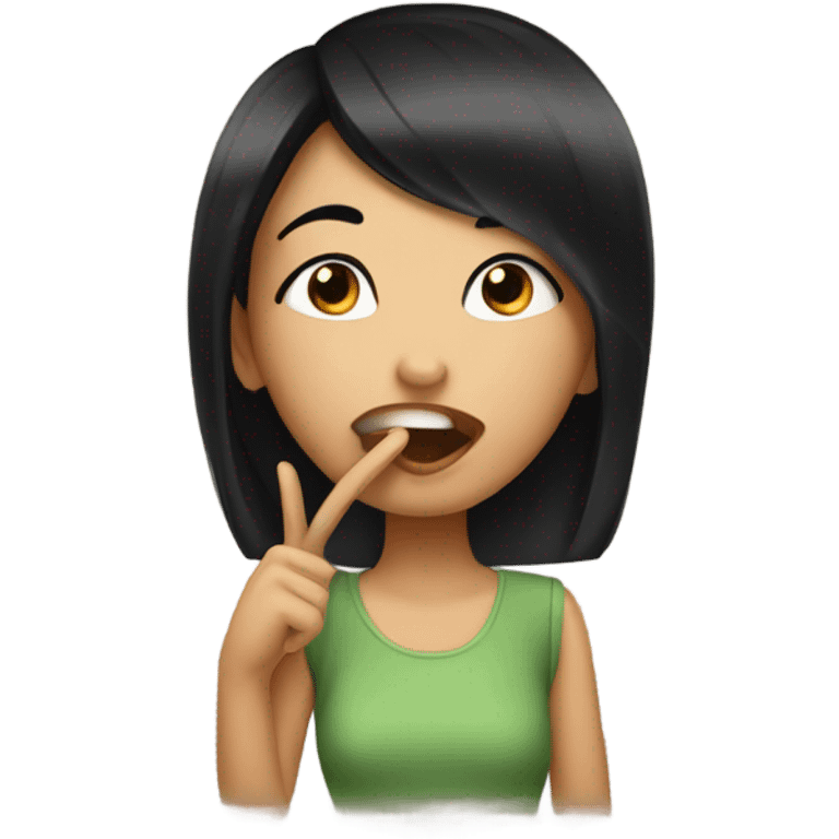 smiling girl with black hair saying shhhh emoji