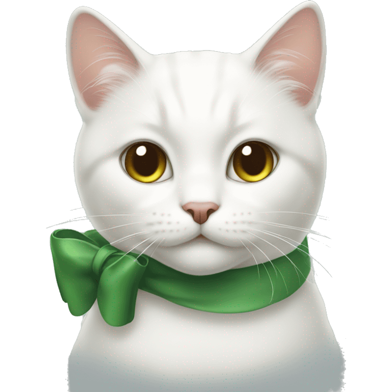 White cat, brown eyes, green bow on its head emoji