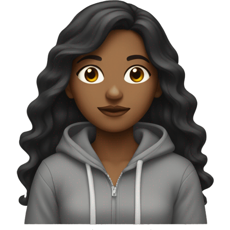 Brown girl with long wavy black hair wearing hoodie  emoji