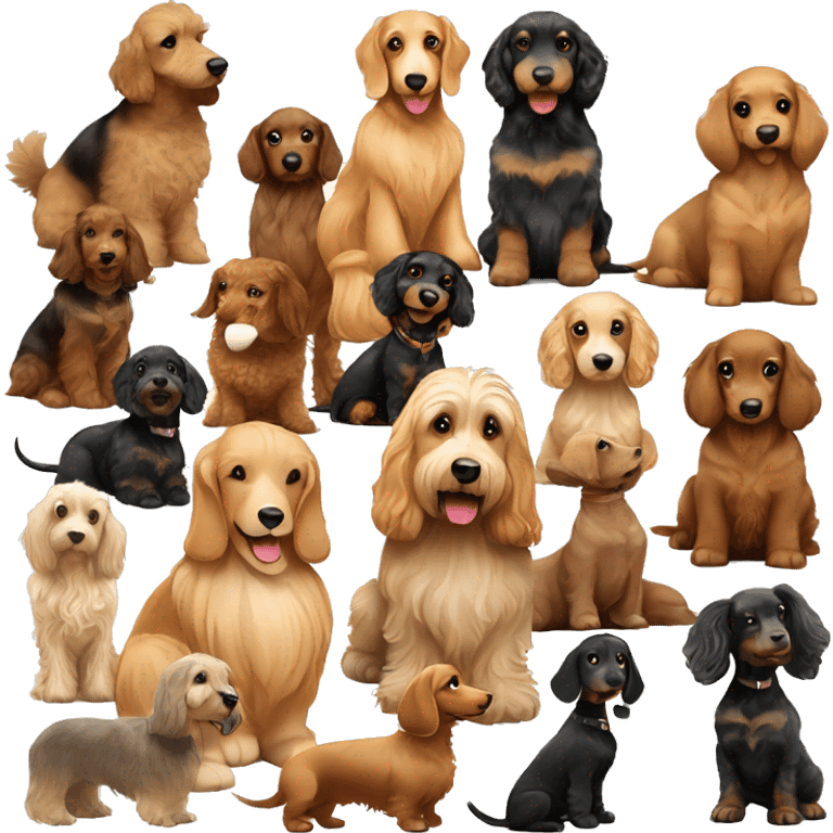 Brown golden doodle and black and tan and cream longhair dachshund sitting together  emoji