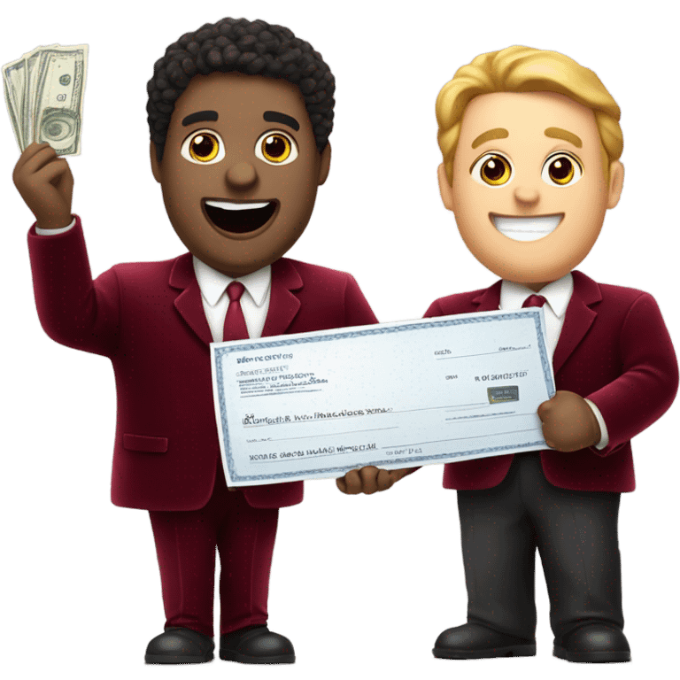 fat guy in dark red velvet suit holding cheque emoji