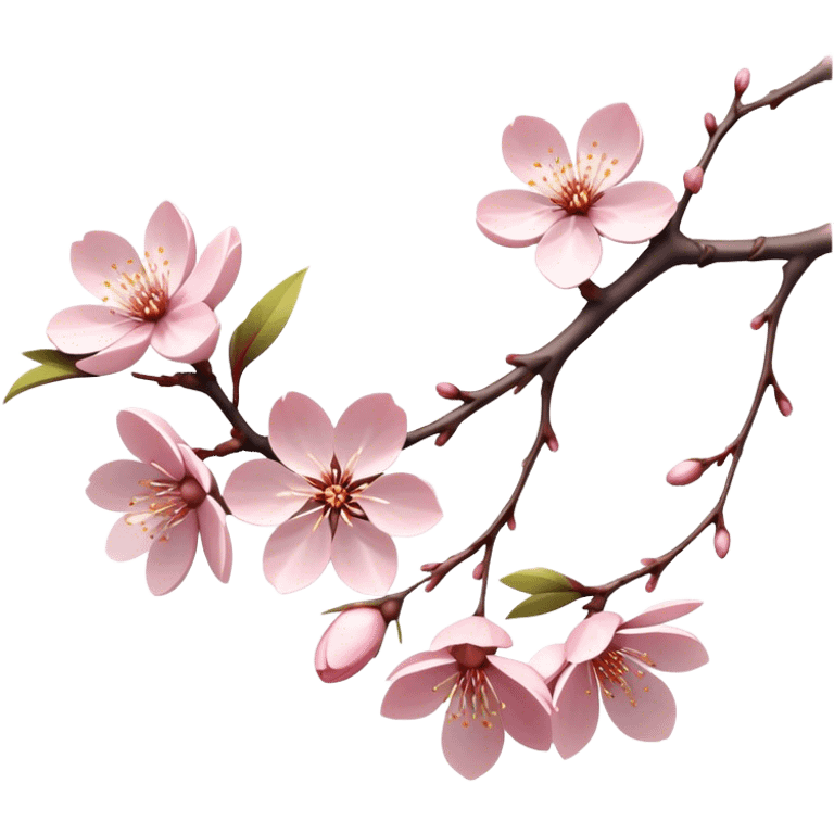 Cinematic Realistic Sakura Flowers on a Branch, depicted as delicate, soft pink blossoms gracefully adorning a slender, gently twisted branch, illuminated by subtle, warm natural light that accentuates their ethereal beauty and transient charm, poetic spring scene emoji