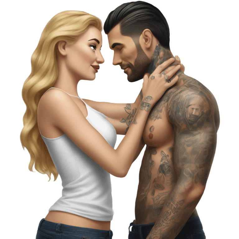 Hyper Realistic beautiful woman touching a very handsome tattooed man emoji