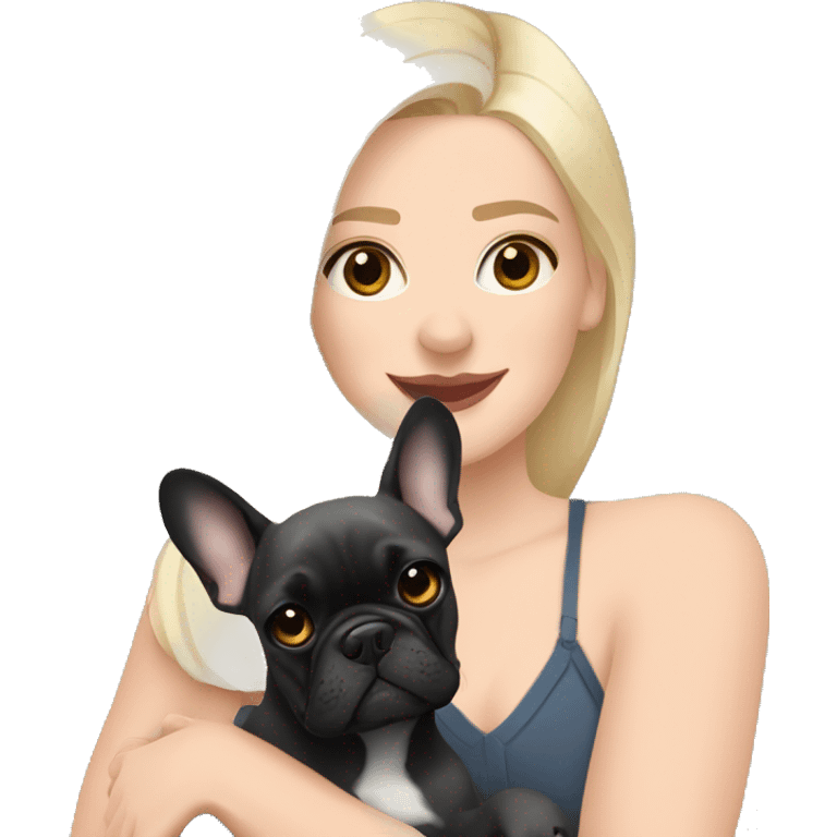  blonde Woman hugging a black brindle French bulldog and a dark gray french bulldog emoji